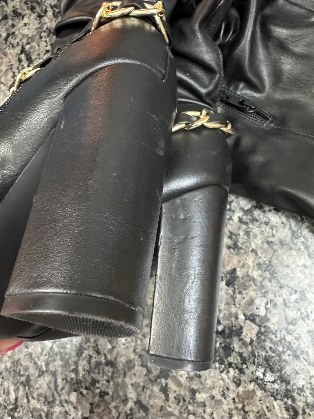 Shoe Dazzle Thelma Black Over-the-Knee Pointed Toe Boots with Gold Chain